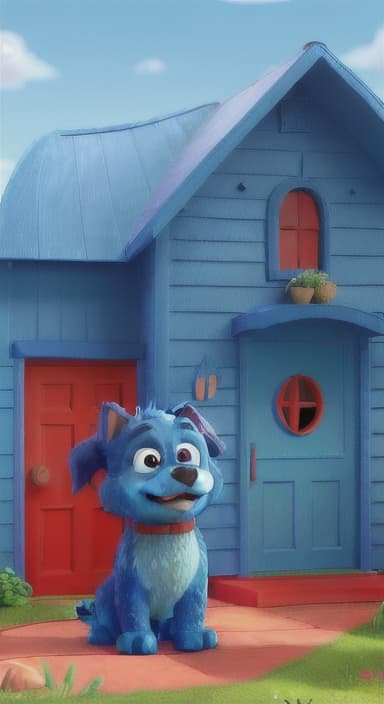  {Max the big blue dog standing in front of a cozy little house with a red door, The big blue dog is large with sky blue fur, big round eyes, a black nose, and floppy ears.