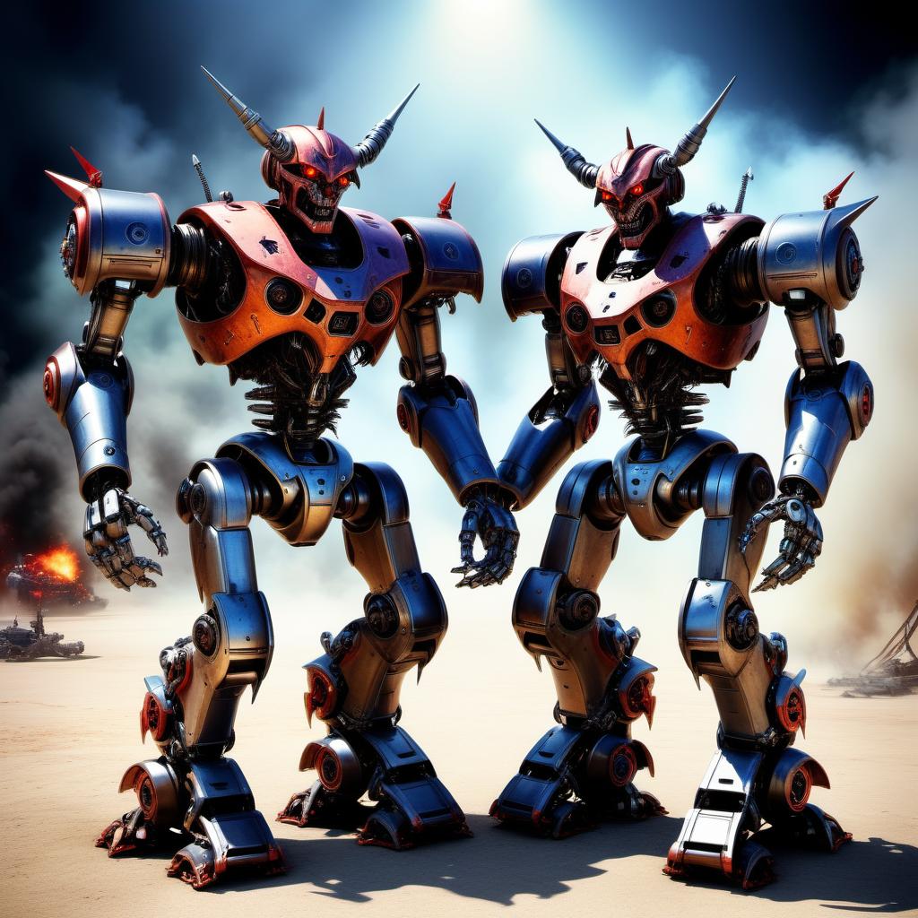  HDR photo of two evil scary battle robots demon + battle . High dynamic range, vivid, rich details, clear shadows and highlights, realistic, intense, enhanced contrast, highly detailed