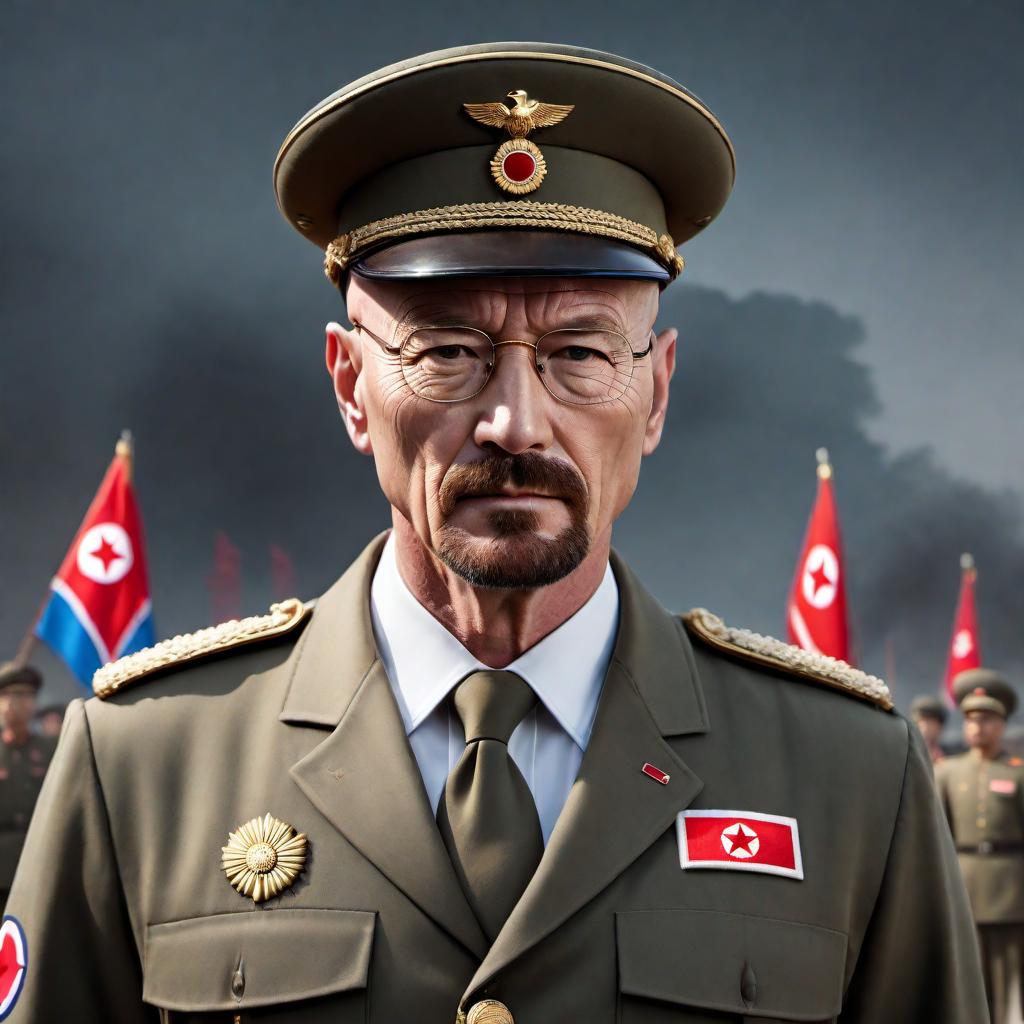  Create an image of Walter White from the TV series "Breaking Bad" dressed in a North Korean army general's uniform, complete with a large general's hat. He should be easily recognizable with his bald head and glasses, standing in Kim Il-sung Square in Pyongyang during a military parade, as if he is saluting from a viewing stand with a realistic North Korean military backdrop that includes soldiers, military vehicles, and flags. hyperrealistic, full body, detailed clothing, highly detailed, cinematic lighting, stunningly beautiful, intricate, sharp focus, f/1. 8, 85mm, (centered image composition), (professionally color graded), ((bright soft diffused light)), volumetric fog, trending on instagram, trending on tumblr, HDR 4K, 8K