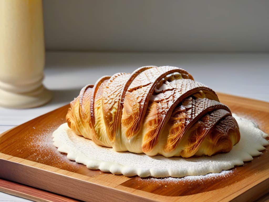  A closeup, ultradetailed image of a perfectly golden and flaky glutenfree croissant, freshly baked and placed on a rustic wooden cutting board. The croissant is delicately sprinkled with powdered sugar, showcasing its buttery layers and inviting texture. The natural light highlights the intricate ridges of the pastry, creating a visually captivating and appetizing scene that perfectly complements the theme of glutenfree baking. hyperrealistic, full body, detailed clothing, highly detailed, cinematic lighting, stunningly beautiful, intricate, sharp focus, f/1. 8, 85mm, (centered image composition), (professionally color graded), ((bright soft diffused light)), volumetric fog, trending on instagram, trending on tumblr, HDR 4K, 8K