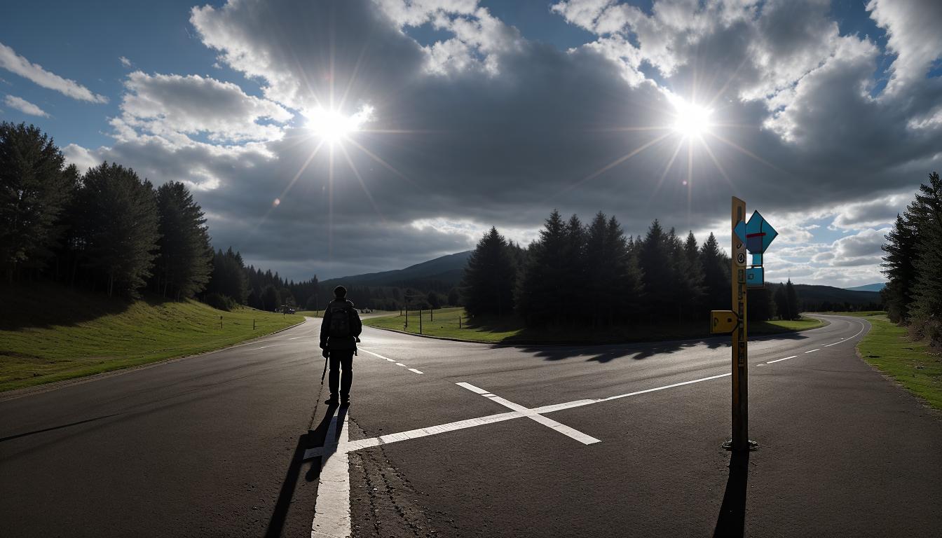  cinematic, aesthetic, A figure standing at a crossroads with a signpost pointing to 'Motivation' and 'Desire', motivational crossroads, 4k, HDR, lens flare