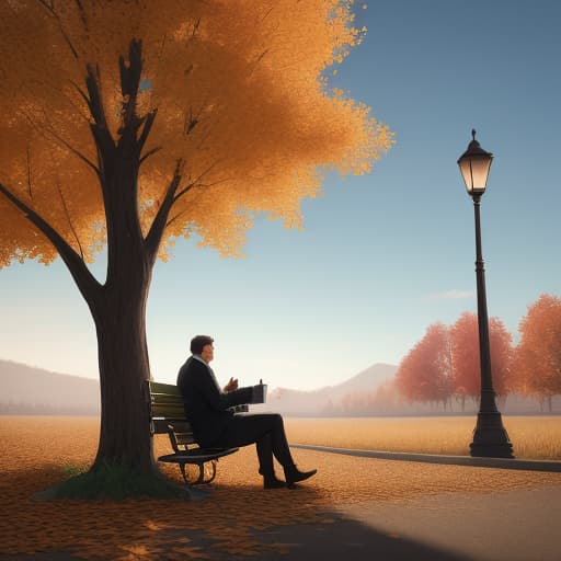  a man sitting on a park bench under a tree, golden autumn leaves falling around him hyperrealistic, full body, detailed clothing, highly detailed, cinematic lighting, stunningly beautiful, intricate, sharp focus, f/1. 8, 85mm, (centered image composition), (professionally color graded), ((bright soft diffused light)), volumetric fog, trending on instagram, trending on tumblr, HDR 4K, 8K