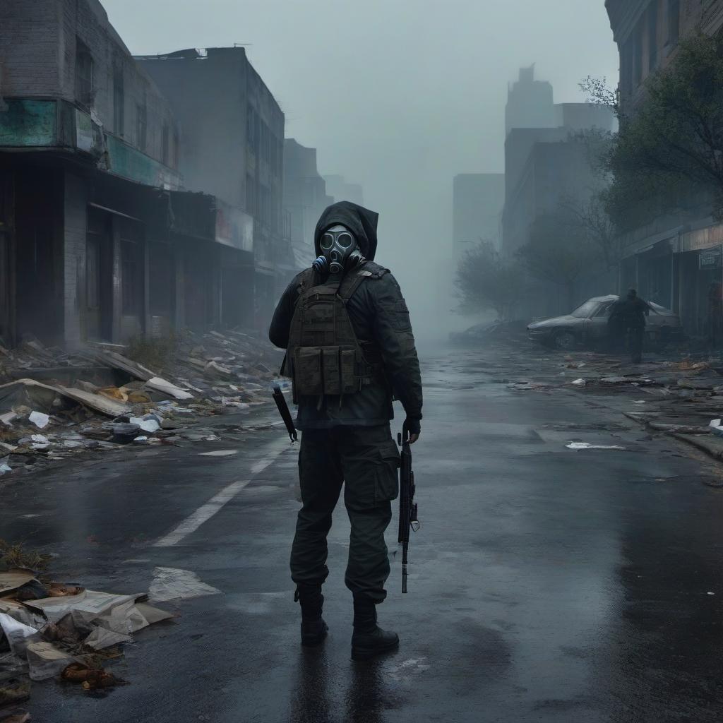  The stalker is wearing a dark hooded jacket with a gas mask half mask. Tactical gear is on his chest and shoulders. He holds a pistol in his hands. He stands in the middle of the street, slightly turning his head to the right, apparently listening to something. A light fog surrounds the street, creating a gloomy atmosphere. Light pierces through the clouds, illuminating the gray green scene. Debris, trash, and overgrown bushes on the ground show the abandonment. The scene conveys the atmosphere of danger and the abandoned world of "S.T.A.L.K.E.R.". hyperrealistic, full body, detailed clothing, highly detailed, cinematic lighting, stunningly beautiful, intricate, sharp focus, f/1. 8, 85mm, (centered image composition), (professionally color graded), ((bright soft diffused light)), volumetric fog, trending on instagram, trending on tumblr, HDR 4K, 8K