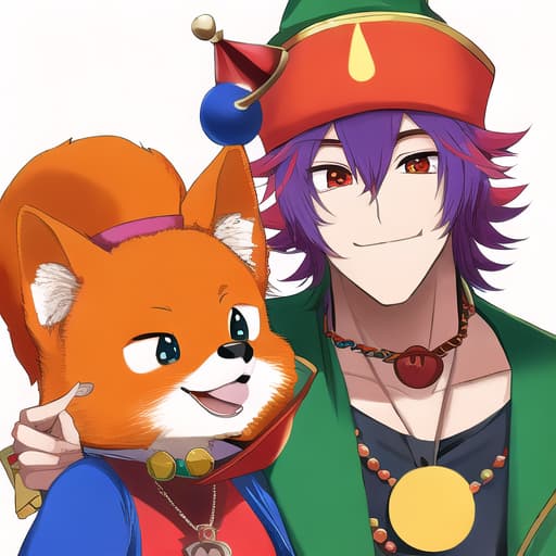  orange shiba inu dog, jester hat on head,jester hat is red and blue with bells at the ends, cigar hanging out of dogs mouth, detailed bloodshot eyes, wearing a purple with green hand making peace sign shirt on body, money sign $ necklace around neck, background animal shelter cage themed