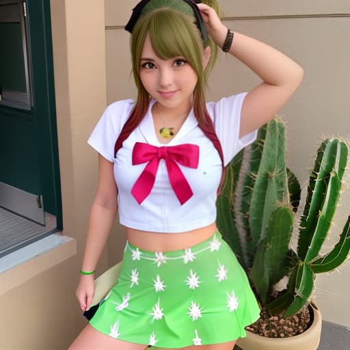  High school girl cosplaying as a cactus