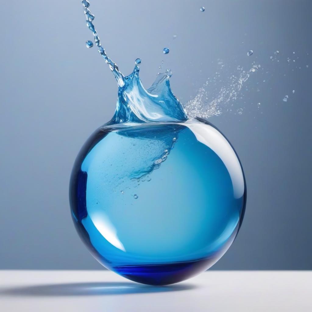  A glass cube and a large drop stretched into a drop, a ball in blue tones, in the air, in flight.The background in white blue tones from spray of colored colors.Style expressionism.