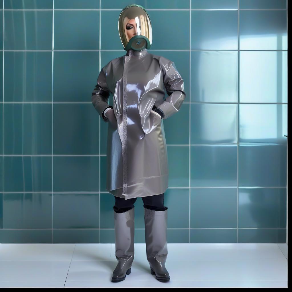  (Super detailed), (a single standing female surgeon) in (shiny latex: 1.2) (dark green: 1.3) and (dark blue: 1.3), (of full height: 1.2), (front view: 1.2), (profile: 1.2), stands alone in a changing room of the waiting area in the operating room against a tile wall, no one else is there. • Detailed description: (colors and details of the surgeon's outfit, only available in a two color version: • shiny latex • dark green and dark blue, • other colors are not available). • Surgical attire: (bright, shiny latex. Surgical gown of a straight cut: 1.3), (fits at the waist: 1.3), (ends knee length: 1.3), (with a closed neckline: 1.3), (without pockets: 1.3), (elastic pleats at the waist: 1.3), (long sleeves made of shiny latex: 1.3),  hyperrealistic, full body, detailed clothing, highly detailed, cinematic lighting, stunningly beautiful, intricate, sharp focus, f/1. 8, 85mm, (centered image composition), (professionally color graded), ((bright soft diffused light)), volumetric fog, trending on instagram, trending on tumblr, HDR 4K, 8K