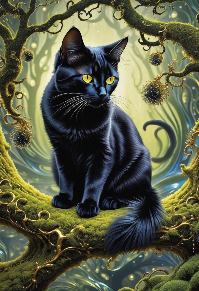  1. A mysterious black cat with mesmerizing golden eyes, gracefully perched on a moss-covered tree branch, surrounded by swirling ferrofluid patterns shimmering with iridescent colors.
2. An elegant silhouette of a cat, captured in the Ferrofluid style, its fluid contours blending seamlessly with the metallic surroundings, creating a captivating visual fusion of feline grace and futuristic aesthetics.
3. A playful tabby cat, with its fur transformed into intricate tendrils of ferrofluid, curling and intertwining in a graceful dance, reflecting vibrant hues of purple, blue, and pink against a stark black background. hyperrealistic, full body, detailed clothing, highly detailed, cinematic lighting, stunningly beautiful, intricate, sharp focus, f/1. 8, 85mm, (centered image composition), (professionally color graded), ((bright soft diffused light)), volumetric fog, trending on instagram, trending on tumblr, HDR 4K, 8K