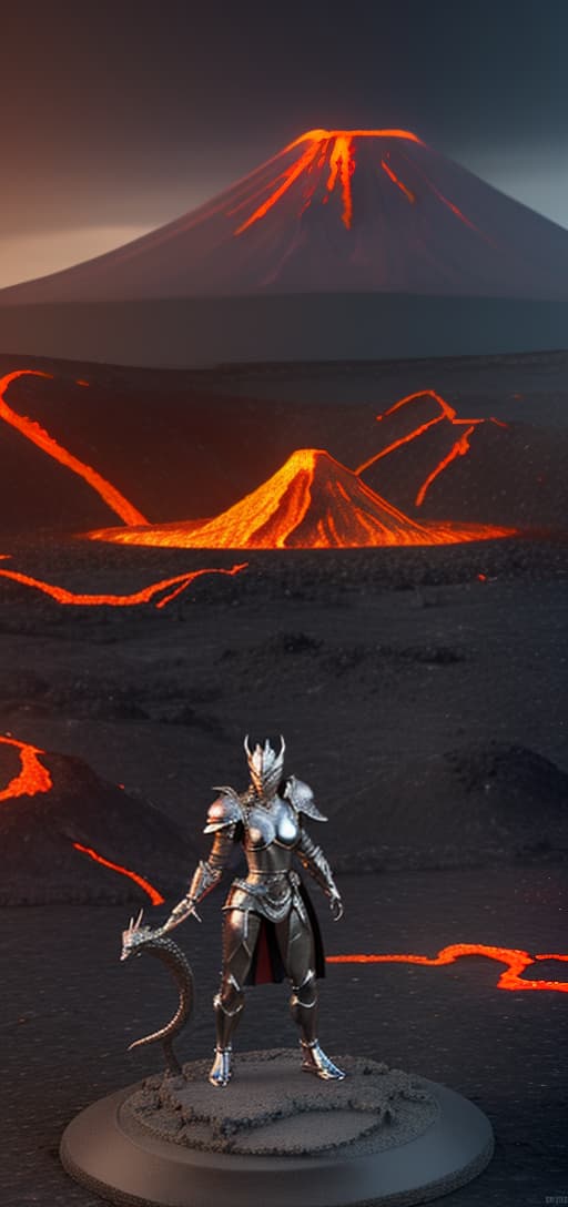  model will be wearing chrome armor, model will be standing ontop of a slain dragon. there is a volcano in the background, lava is flowing past the model.