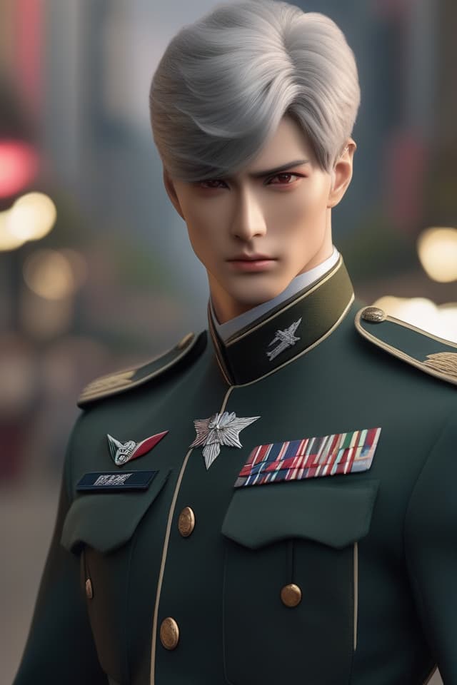  Silver hair, red eyes color, military uniform, sharp eyes, tall,, (upper body only), (short hair), (super beautiful young man), (close up) hyperrealistic, full body, detailed clothing, highly detailed, cinematic lighting, stunningly beautiful, intricate, sharp focus, f/1. 8, 85mm, (centered image composition), (professionally color graded), ((bright soft diffused light)), volumetric fog, trending on instagram, trending on tumblr, HDR 4K, 8K