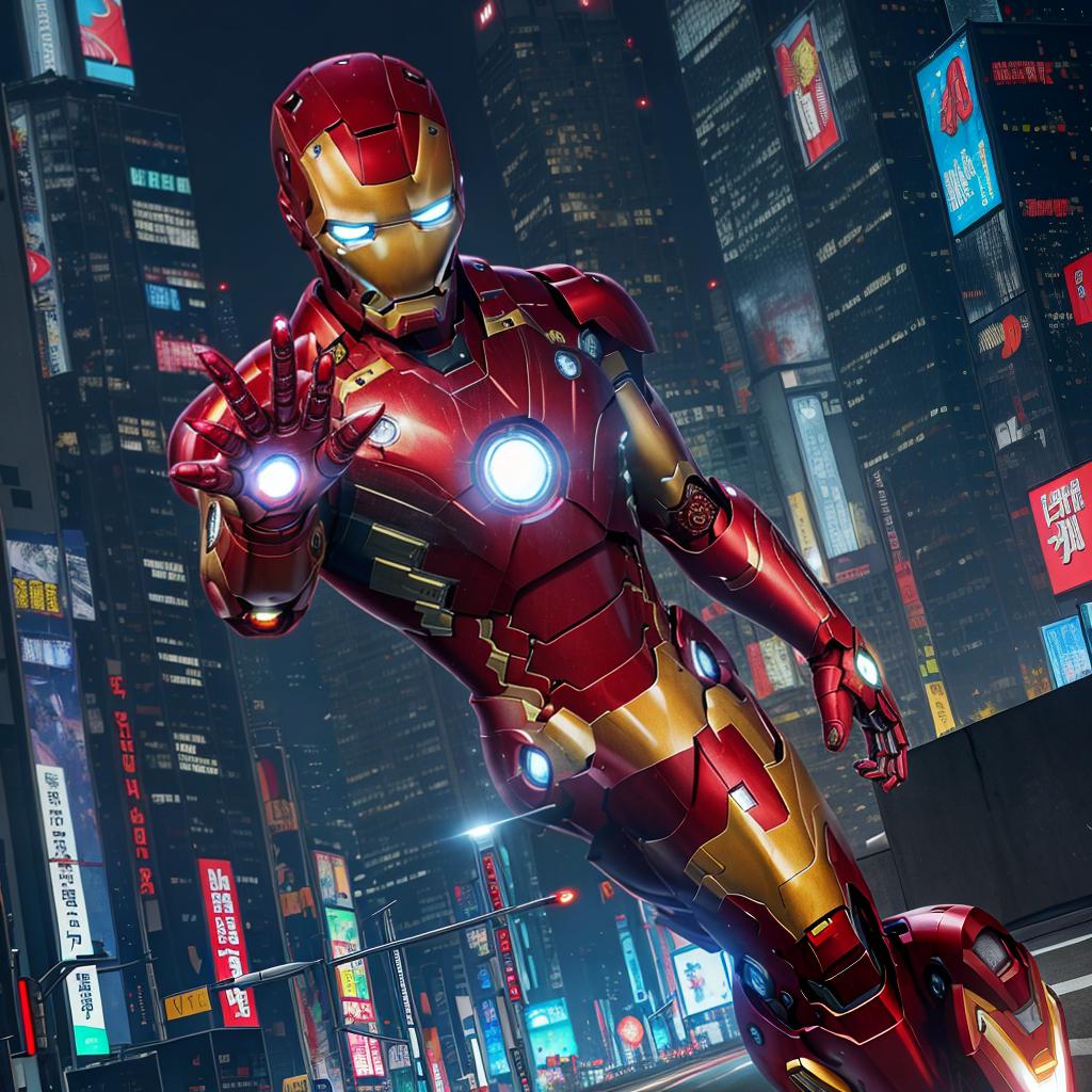  masterpiece, best quality, masterpiece, 8k resolution, realistic, highly detailed, Iron Man close-up. He stands on a street lined with tall buildings in a cyberpunk style city at night. The city's night lights are bright, and the surrounding buildings and streets are full of cyberpunk elements such as neon lights, high-tech equipment and futuristic architectural design.