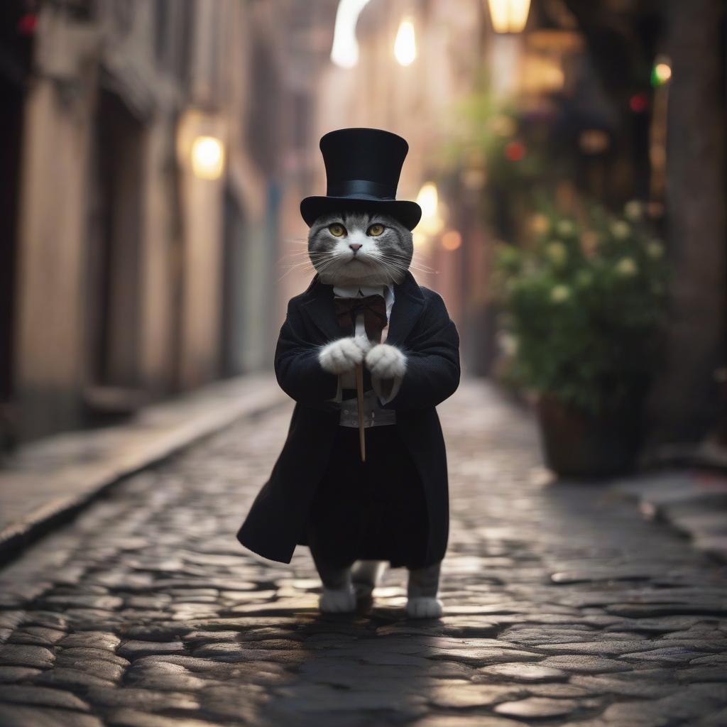  cinematic film still A cat, dressed in a top hat and a long dark cloak, walks at night along a dimly lit cobblestone street. The stage is illuminated by street lights. The cat holds a sparkling knife in one hand and a bag in the other. There are white flowers on the ground to the left of the cat. . shallow depth of field, vignette, highly detailed, high budget, bokeh, cinemascope, moody, epic, gorgeous, film grain, grainy hyperrealistic, full body, detailed clothing, highly detailed, cinematic lighting, stunningly beautiful, intricate, sharp focus, f/1. 8, 85mm, (centered image composition), (professionally color graded), ((bright soft diffused light)), volumetric fog, trending on instagram, trending on tumblr, HDR 4K, 8K