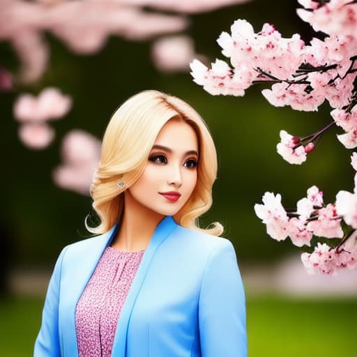 modelshoot style a beautiful lady with perfect face blond hair facing a flying sparrow unreal high quality. Background of Cherry blossom 🌸🌸🌸 flying petals everywhere unreal high quality