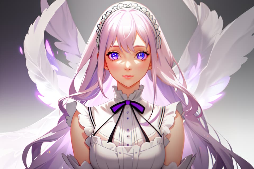  White hair, purple hair, eyes are pastel pink, cute, dress, maid clothes, long hyperrealistic, full body, detailed clothing, highly detailed, cinematic lighting, stunningly beautiful, intricate, sharp focus, f/1. 8, 85mm, (centered image composition), (professionally color graded), ((bright soft diffused light)), volumetric fog, trending on instagram, trending on tumblr, HDR 4K, 8K