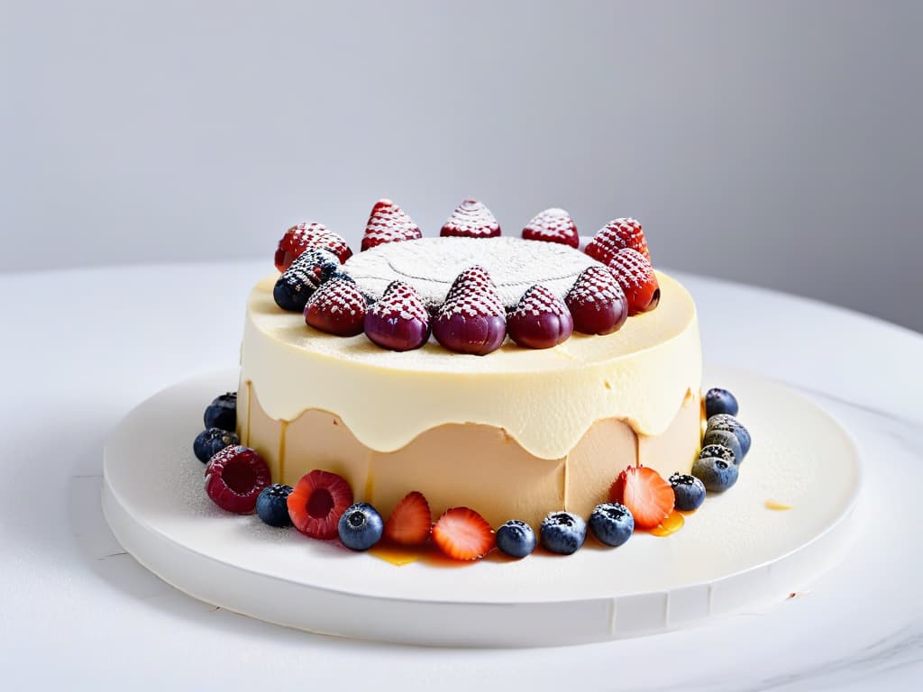  An ultradetailed closeup of a perfectly sliced lowcalorie cheesecake on a sleek, white marble countertop. The cheesecake is topped with a vibrant array of fresh berries, dripping with a light, glossy glaze. Each luscious layer is beautifully defined, showcasing the creamy texture and delicate crumb of the dessert. The lighting is soft, casting gentle shadows that accentuate the layers and textures, creating a visually stunning and mouthwatering image. hyperrealistic, full body, detailed clothing, highly detailed, cinematic lighting, stunningly beautiful, intricate, sharp focus, f/1. 8, 85mm, (centered image composition), (professionally color graded), ((bright soft diffused light)), volumetric fog, trending on instagram, trending on tumblr, HDR 4K, 8K