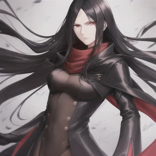  Portrait of a tall man with crimson eyes, long black hair and light skin. Wearing a black coat with a brown scarf. Fantasy appearance.