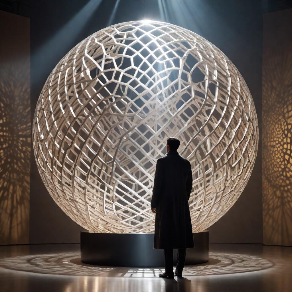  A large, intricate spherical structure with patterns that resemble interconnected lines and circles, creating a geometric lattice appearance. The sphere is metallic and reflects light, casting shadows. There is a bright light source at the center of the sphere radiating outwards, creating an illuminating effect. In front of the sphere, a silhouette of a person stands with their back to the viewer, appearing in contemplation or admiration. The person is wearing a long coat, adding to the dramatic and enigmatic atmosphere. The lighting casts rays around the sphere, highlighting its intricate design. The scene is set on a plain surface with a light shining from behind, causing the person's shadow to project towards the viewer, creating a mood  hyperrealistic, full body, detailed clothing, highly detailed, cinematic lighting, stunningly beautiful, intricate, sharp focus, f/1. 8, 85mm, (centered image composition), (professionally color graded), ((bright soft diffused light)), volumetric fog, trending on instagram, trending on tumblr, HDR 4K, 8K