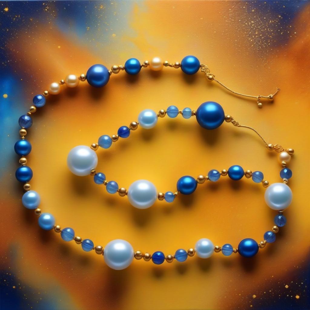  Three pearl threads, in a white blue radiance, dance in the air wriggling, against the background of cosmic galaxies, in yellow gold orange blue.Style expressionism