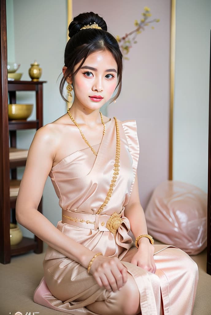  DIGITAL LAI THAI CRYSTAL ART, A CLOSE UP OF OF BEAUTIFUL GIRL, high BUN, WEARS A TRADITIONAL ANCIENT LAI THAI DRESS PASTEL PINK COLOUR, FULL OPTION OF JEWELRY, GOLD SHOES, BEAUTIFUL ANCIENT THAI HOME, BOGEH BACKGROUND, sabai,jewelry,thailand tradition dress ADVERTISING PHOTO,high quality, good proportion, masterpiece , The image is captured with an 8k camera