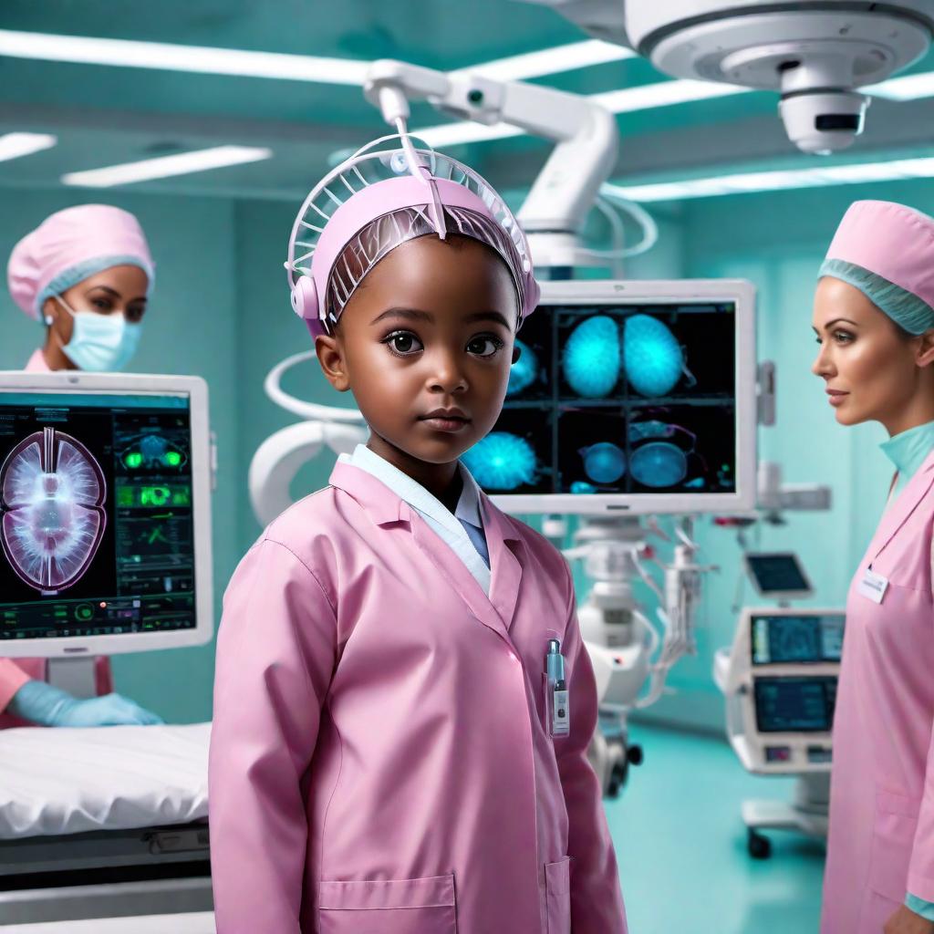  A digital art piece of a small person with brown skin and big brown eyes, wearing a Neuralink device on their head, dressed in a pink medical uniform. They are standing in a hospital operating room, assisting surgeons with a complex surgery. The environment is sterile and high-tech, with futuristic medical equipment and monitors displaying vital patient information. The person is focused and engaged, using her advanced neural interface to provide critical data and control surgical instruments with precision. The atmosphere conveys a sense of cutting-edge medical technology and the pivotal role played by the neural interface in saving lives. hyperrealistic, full body, detailed clothing, highly detailed, cinematic lighting, stunningly beautiful, intricate, sharp focus, f/1. 8, 85mm, (centered image composition), (professionally color graded), ((bright soft diffused light)), volumetric fog, trending on instagram, trending on tumblr, HDR 4K, 8K