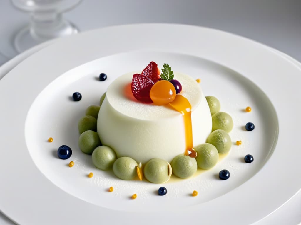  A closeup, ultrahighresolution image of a perfectly symmetrical, intricately folded molecular gastronomy dessert plated on a sleek, modern, white dish. The dessert consists of transparent spheres, colorful gels, and delicate foams, showcasing the fusion of art and science in experimental pastry. The lighting is soft and focused, highlighting the textures and vibrant hues of the dessert components, creating an elegant and visually captivating composition. hyperrealistic, full body, detailed clothing, highly detailed, cinematic lighting, stunningly beautiful, intricate, sharp focus, f/1. 8, 85mm, (centered image composition), (professionally color graded), ((bright soft diffused light)), volumetric fog, trending on instagram, trending on tumblr, HDR 4K, 8K