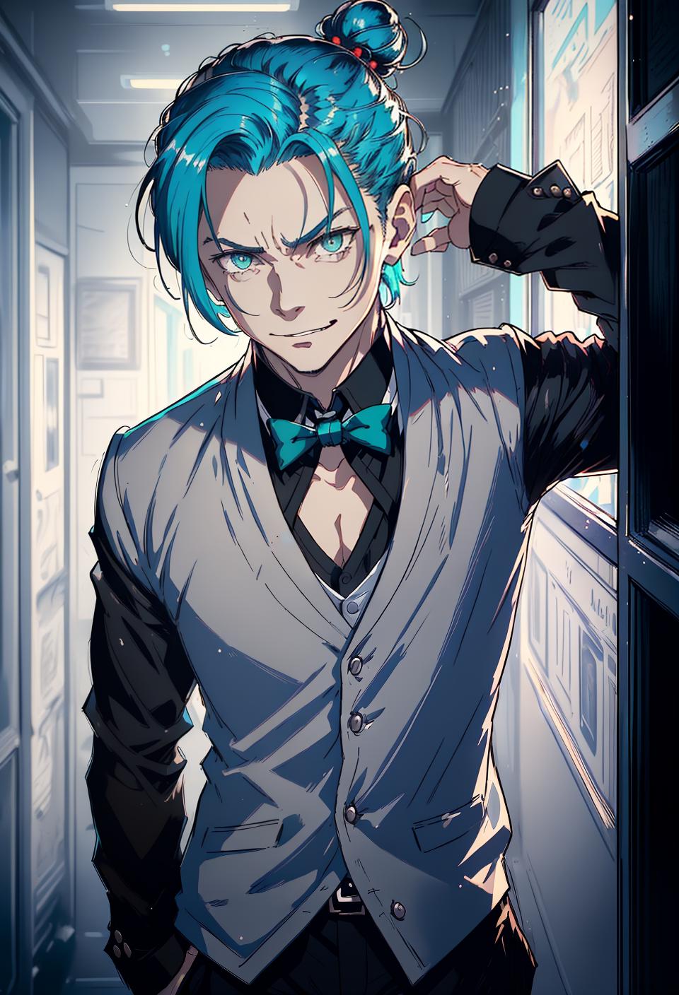  ((trending, highres, masterpiece, cinematic shot)), 1boy, mature, male date attire, ruins scene, very short straight aqua hair, hair in a bun, narrow grey eyes, evil personality, happy expression, grey skin, epic, limber