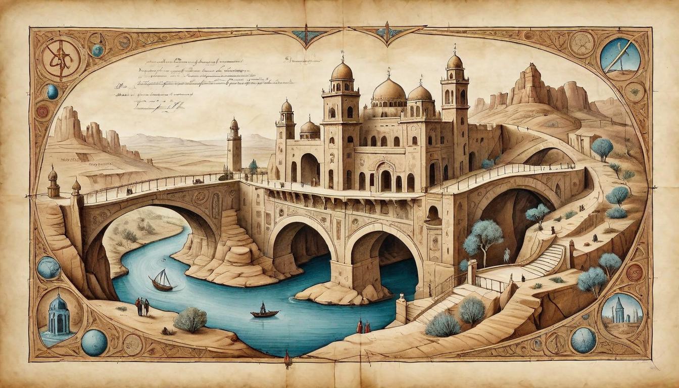  on parchment, surrealism+++, A delicate bridge spanning a cultural chasm, adorned with symbols from both Moab and Israel. Bridge crafted with intricate details, blending motifs, testament to overcoming differences, link between worlds(mysterious, provocative, symbolic,muted color)+++