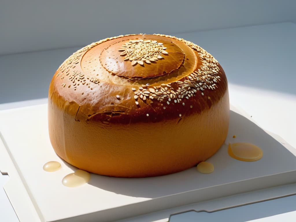  An ultradetailed closeup image of a perfectly risen sourdough bread loaf, showcasing a beautifully intricate pattern on its goldenbrown crust, set against a clean, white background to emphasize its minimalistic aesthetic. The texture of the crust glistens slightly under a soft light, revealing tiny air bubbles and the delicate scoring marks that denote expert craftsmanship. Each flour dusted crevice is sharply defined, inviting viewers to appreciate the artistry and skill behind the fermentation process. hyperrealistic, full body, detailed clothing, highly detailed, cinematic lighting, stunningly beautiful, intricate, sharp focus, f/1. 8, 85mm, (centered image composition), (professionally color graded), ((bright soft diffused light)), volumetric fog, trending on instagram, trending on tumblr, HDR 4K, 8K