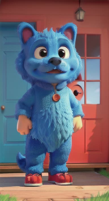  {Max the big blue dog standing in front of a cozy little house with a red door, The big blue dog is large with sky blue fur, big round eyes, a black nose, and floppy ears.