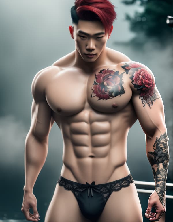  muscle, tattooed Chinese beautiful boy with white lace and red hair, lifting his in river， whole dorsal body，red chest hair hyperrealistic, full body, detailed clothing, highly detailed, cinematic lighting, stunningly beautiful, intricate, sharp focus, f/1. 8, 85mm, (centered image composition), (professionally color graded), ((bright soft diffused light)), volumetric fog, trending on instagram, trending on tumblr, HDR 4K, 8K