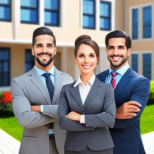  Show a realistic picture of a brokerage firm for insurance, real estate and property management.

Place a group of friendly estate agents in front of the building.