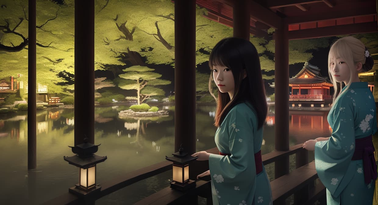  masterpiece, best quality,(fidelity: 1.4), best quality, masterpiece, ultra high resolution, 8k resolution, night view inspired by Japanese art, featuring a garden illuminated by paper lanterns and a wooden bridge spanning a tranquil lake with a small Zen temple by the lake. The water reflects the stars.