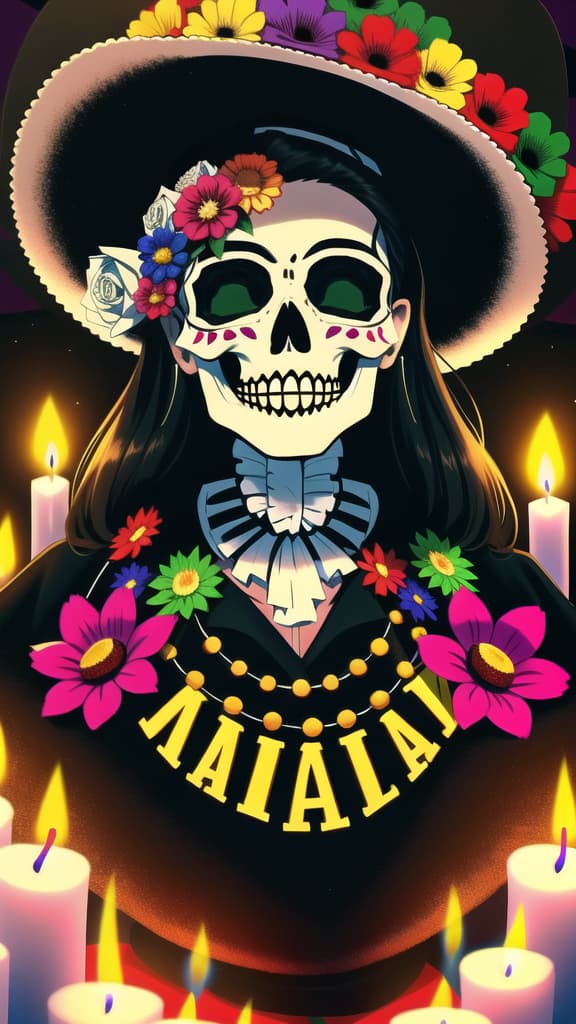  day of the dead, dia de los muertos, (sombrero hat), masterpiece, best quality, skull, (Mexican culture), traditional, celebration, festive, colorful, (Mexican festival paint), flowers, altar, candles, skeleton, spirits, Mexican holiday, vibrant, decorative, papel picado, festive makeup, cultural heritage, folk art, macabre, festive atmosphere