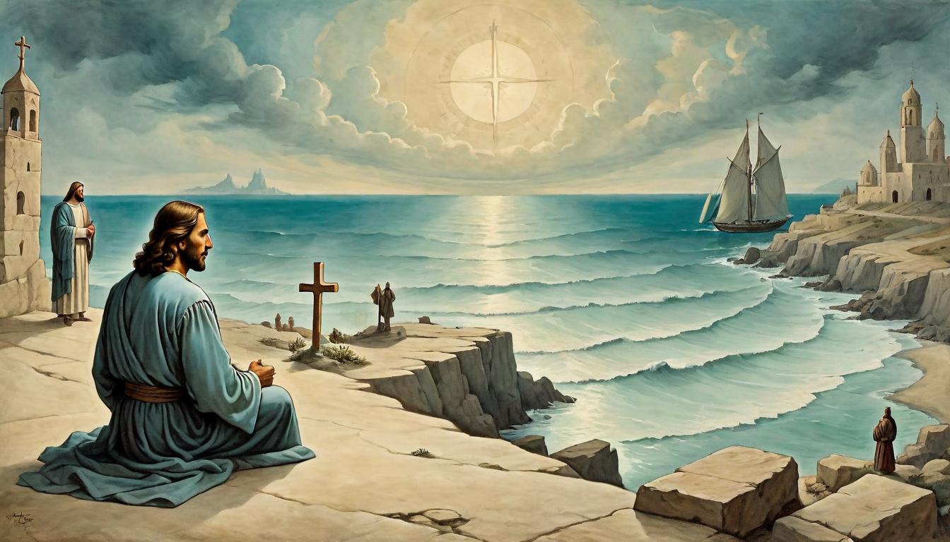  on parchment, surrealism+++, Disciples looking at the calm sea, expressions of awe and realization, Jesus' tranquil figure in the background, mood of reflection and newfound faith(mysterious, provocative, symbolic,muted color)+++