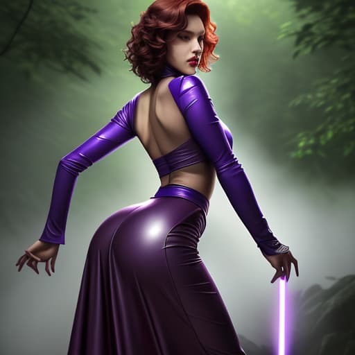  Fierce looking woman with short dark curly red hair wearing purple leather pants with long skirt around back and purple leather long sleeved top holding green light saber dark, foggy outdoor wooded setting