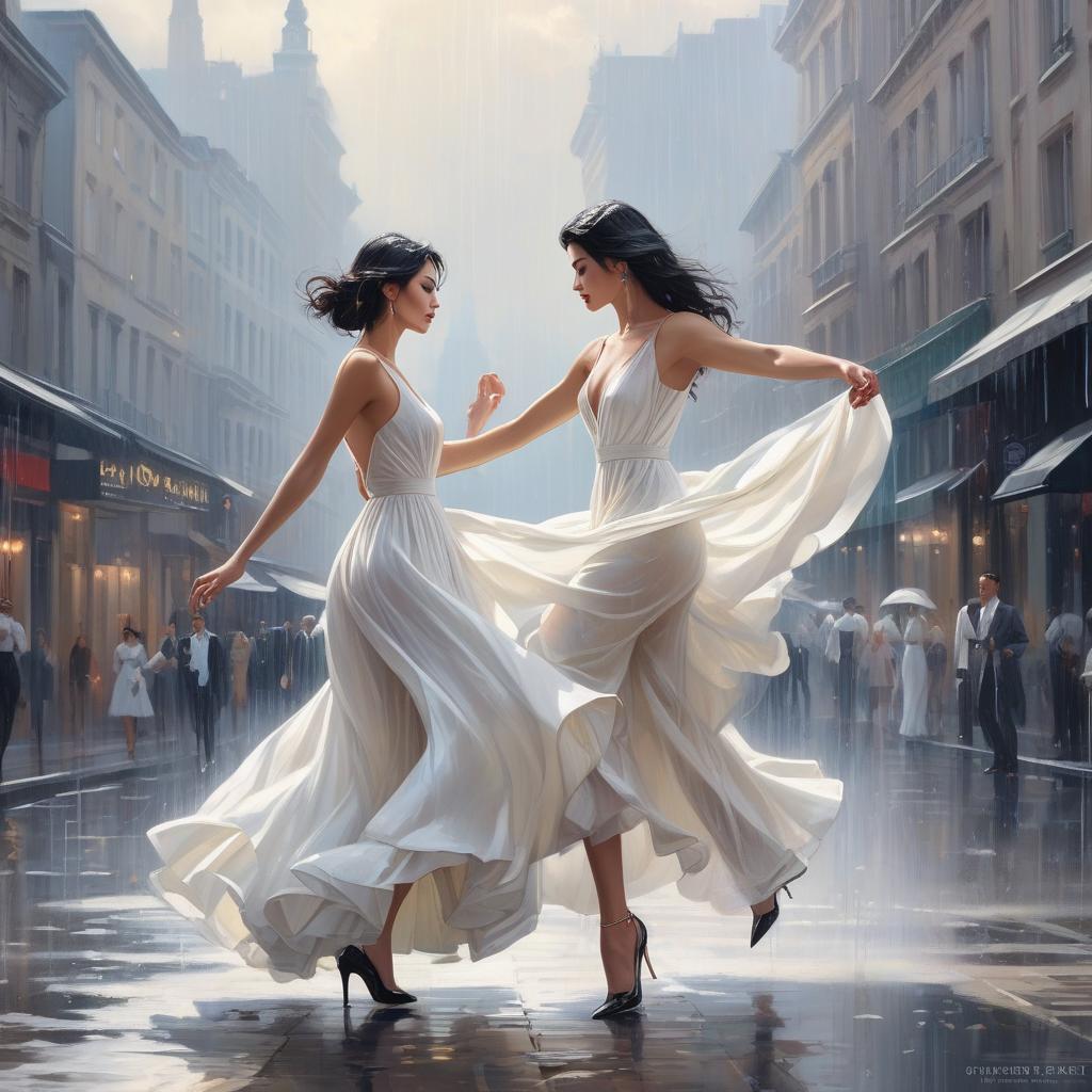  Fashion editorial style (Painting with oil, 1.3) A in a summer white dress and a man with black hair in a white shirt and black trousers dance under the rain. Graceful, light, elegant, plastic movements. . High fashion, trendy, stylish, editorial, magazine style, professional, highly detailed hyperrealistic, full body, detailed clothing, highly detailed, cinematic lighting, stunningly beautiful, intricate, sharp focus, f/1. 8, 85mm, (centered image composition), (professionally color graded), ((bright soft diffused light)), volumetric fog, trending on instagram, trending on tumblr, HDR 4K, 8K