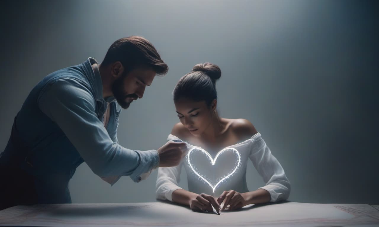  A girl is drawing a heart on the man's body. hyperrealistic, full body, detailed clothing, highly detailed, cinematic lighting, stunningly beautiful, intricate, sharp focus, f/1. 8, 85mm, (centered image composition), (professionally color graded), ((bright soft diffused light)), volumetric fog, trending on instagram, trending on tumblr, HDR 4K, 8K