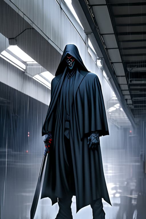  A-TaK, Tall, standing under freeway light, heavy rain, dressed like grim reaper, white mask, Grendel type