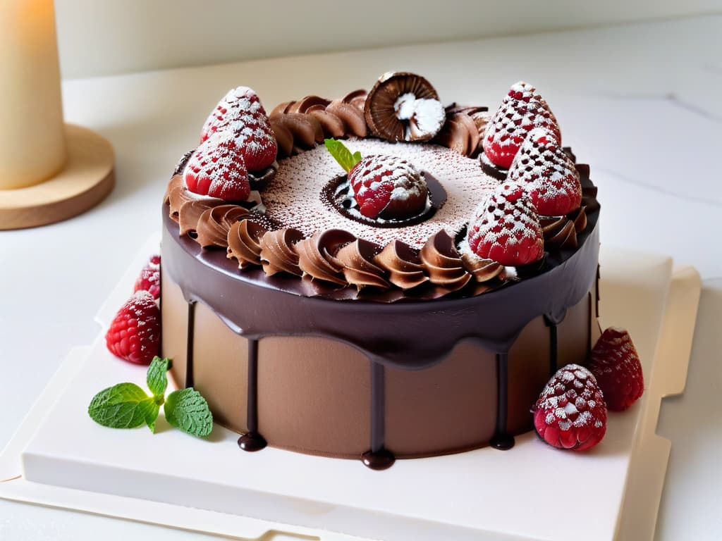  An ultradetailed, photorealistic image of a luxurious dark chocolate cake topped with glossy Belgian chocolate ganache, surrounded by fresh raspberries and mint leaves, all displayed on a pristine white marble serving platter. The cake is perfectly sliced to showcase its rich, moist interior, with decadent layers of chocolate mousse and velvety ganache visible. The lighting is soft yet highlights the intricate details of the dessert, emphasizing its indulgent texture and exquisite presentation. hyperrealistic, full body, detailed clothing, highly detailed, cinematic lighting, stunningly beautiful, intricate, sharp focus, f/1. 8, 85mm, (centered image composition), (professionally color graded), ((bright soft diffused light)), volumetric fog, trending on instagram, trending on tumblr, HDR 4K, 8K