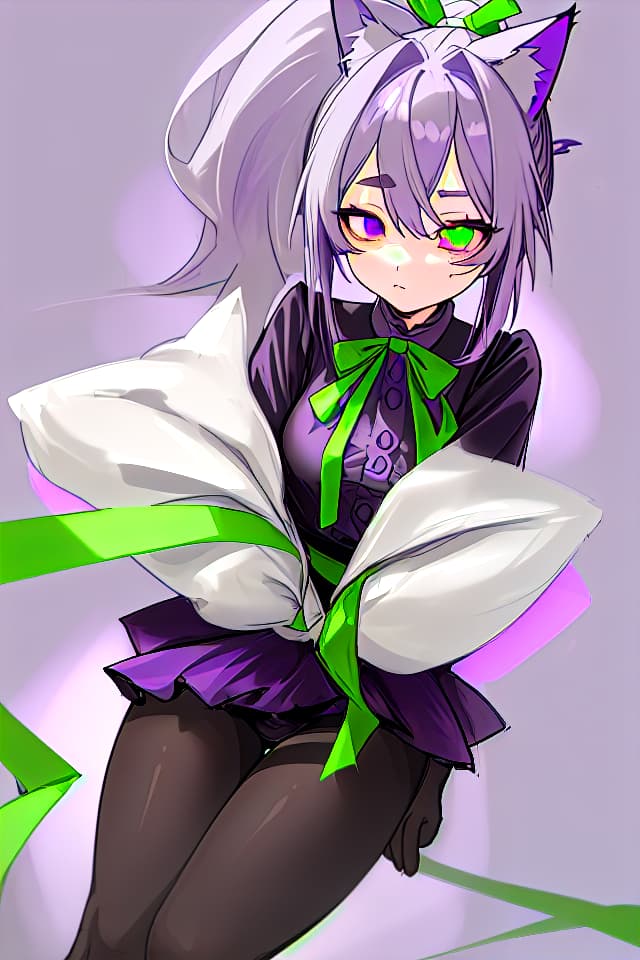  一人の美少女(beautiful gray hair color)((big green ribbon in hair))(with cat ears)(low ponytail)((purple eye color))(bad eyesight)(black dress)(black tights)masterpiece,high quality,high definition,8k,16k