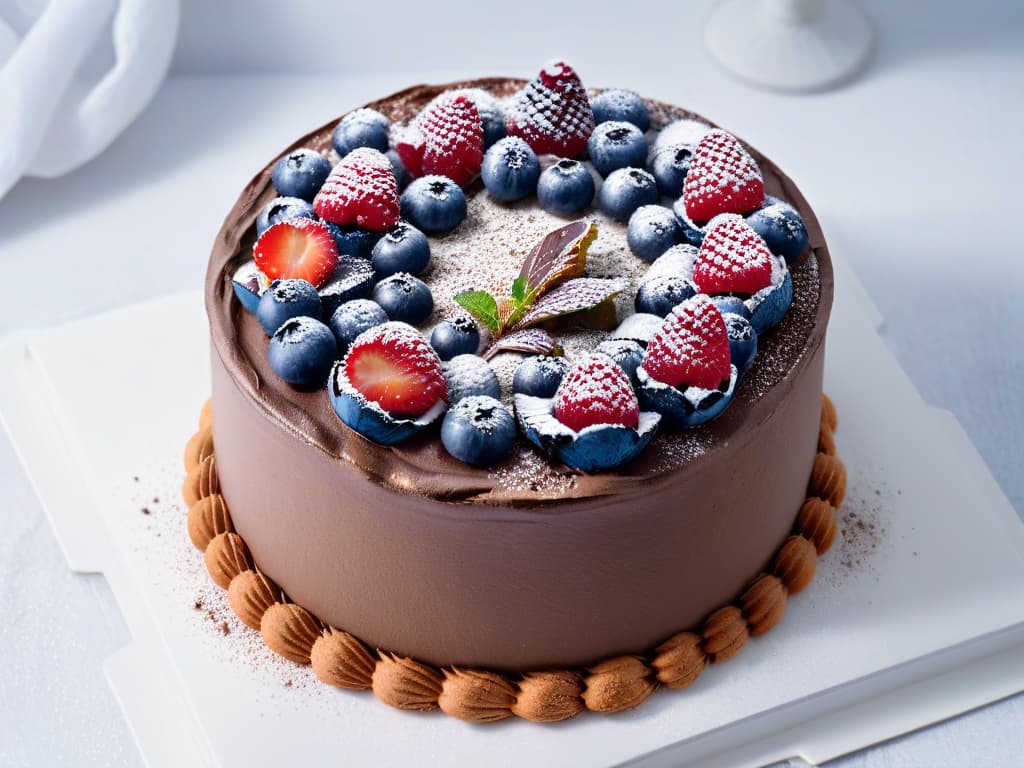  A minimalist image of a beautifully crafted vegan chocolate protein cake topped with fresh berries, surrounded by a scattering of chia seeds and almond flakes on a sleek, white marble countertop. The cake is elegantly decorated with a light dusting of cocoa powder and a sprig of fresh mint, exuding an air of sophistication and healthy indulgence. hyperrealistic, full body, detailed clothing, highly detailed, cinematic lighting, stunningly beautiful, intricate, sharp focus, f/1. 8, 85mm, (centered image composition), (professionally color graded), ((bright soft diffused light)), volumetric fog, trending on instagram, trending on tumblr, HDR 4K, 8K