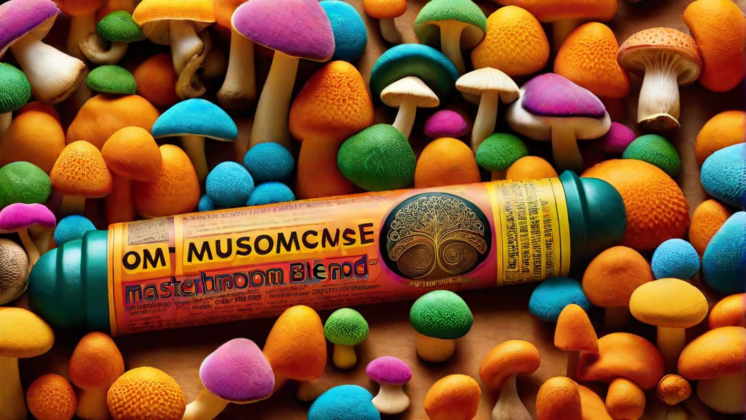  Create an eye-catching image for an article on "OM Mushroom Master Blend Reviews" featuring a close-up of the product packaging surrounded by a mix of vibrant, fresh mushrooms, and a pop of color to evoke a sense of energy and vitality. hyperrealistic, full body, detailed clothing, highly detailed, cinematic lighting, stunningly beautiful, intricate, sharp focus, f/1. 8, 85mm, (centered image composition), (professionally color graded), ((bright soft diffused light)), volumetric fog, trending on instagram, trending on tumblr, HDR 4K, 8K