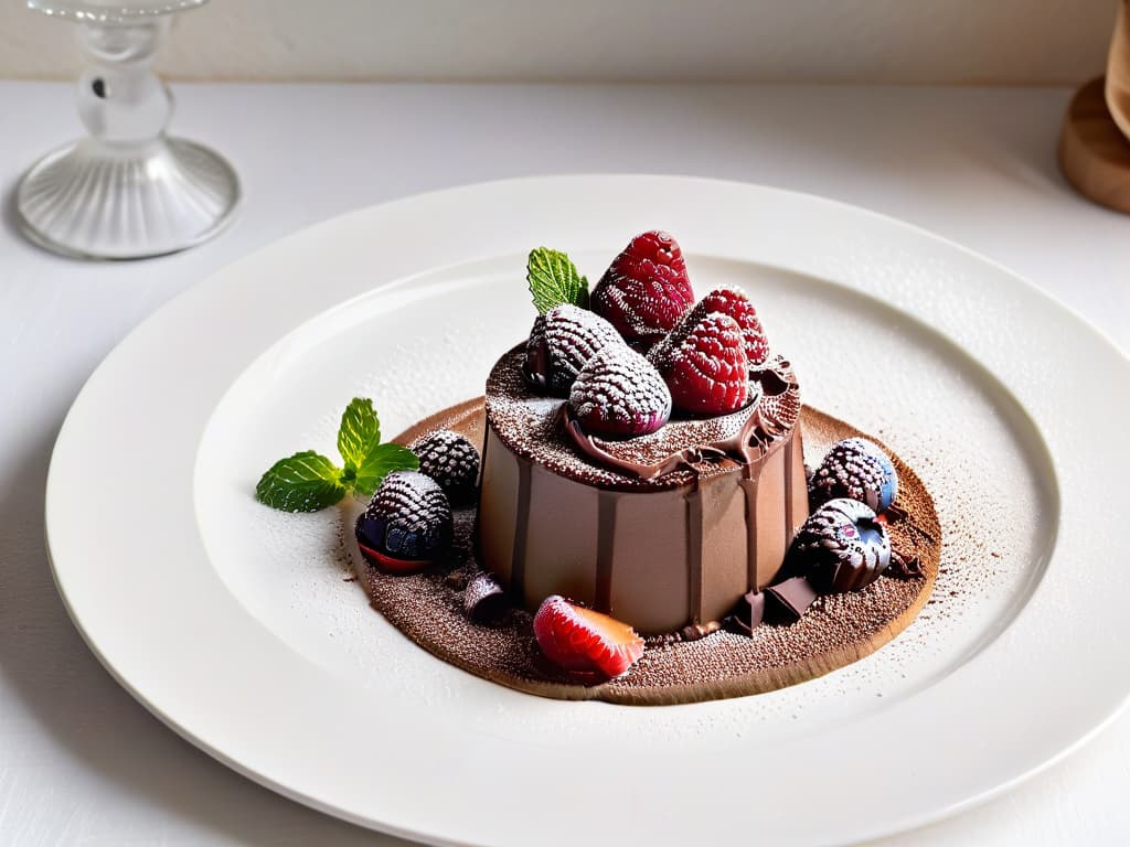  An elegant, minimalistic image of a beautifully plated sugarfree dessert, featuring layers of rich chocolate mousse topped with fresh raspberries and mint leaves, set on a pristine white plate against a soft, blurred background. The dessert is garnished with a delicate dusting of cocoa powder, adding a touch of sophistication to the presentation. The lighting is soft and natural, casting a gentle glow on the dessert, highlighting its textures and colors in exquisite detail, making it visually irresistible. hyperrealistic, full body, detailed clothing, highly detailed, cinematic lighting, stunningly beautiful, intricate, sharp focus, f/1. 8, 85mm, (centered image composition), (professionally color graded), ((bright soft diffused light)), volumetric fog, trending on instagram, trending on tumblr, HDR 4K, 8K