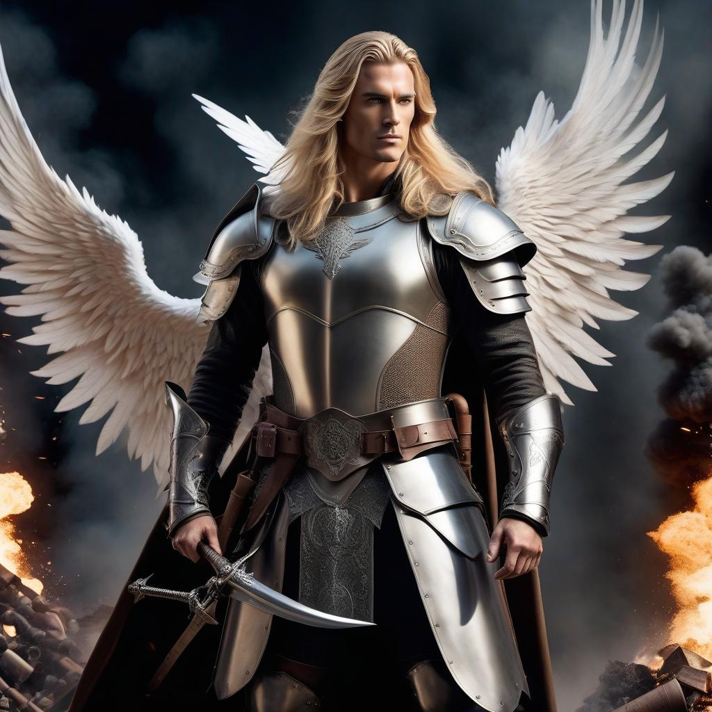  Smoothly shaven young blond man with long hair, alchemist in leather armor against a backdrop of an explosion, holding two cauldrons, mad look with white wings behind his back. hyperrealistic, full body, detailed clothing, highly detailed, cinematic lighting, stunningly beautiful, intricate, sharp focus, f/1. 8, 85mm, (centered image composition), (professionally color graded), ((bright soft diffused light)), volumetric fog, trending on instagram, trending on tumblr, HDR 4K, 8K