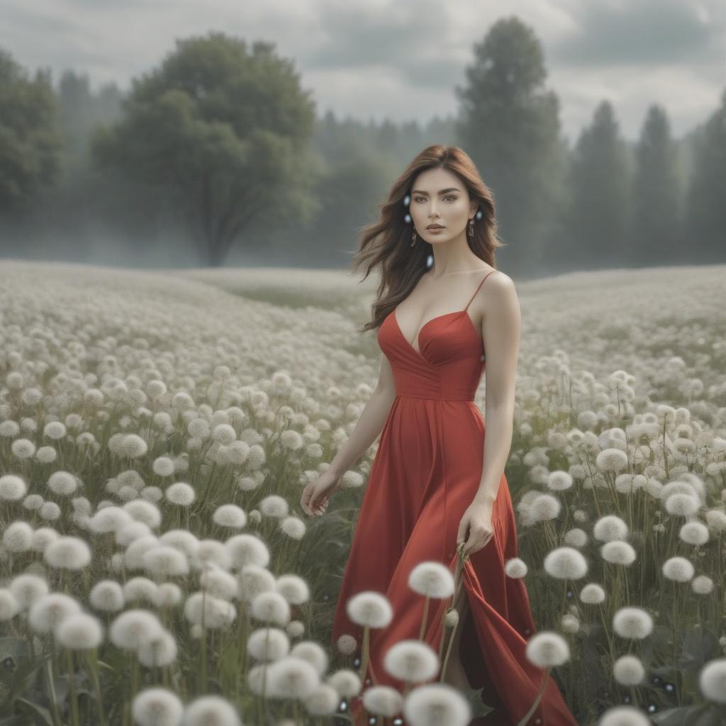  A girl in a red dress is walking through a field of white dandelions. hyperrealistic, full body, detailed clothing, highly detailed, cinematic lighting, stunningly beautiful, intricate, sharp focus, f/1. 8, 85mm, (centered image composition), (professionally color graded), ((bright soft diffused light)), volumetric fog, trending on instagram, trending on tumblr, HDR 4K, 8K