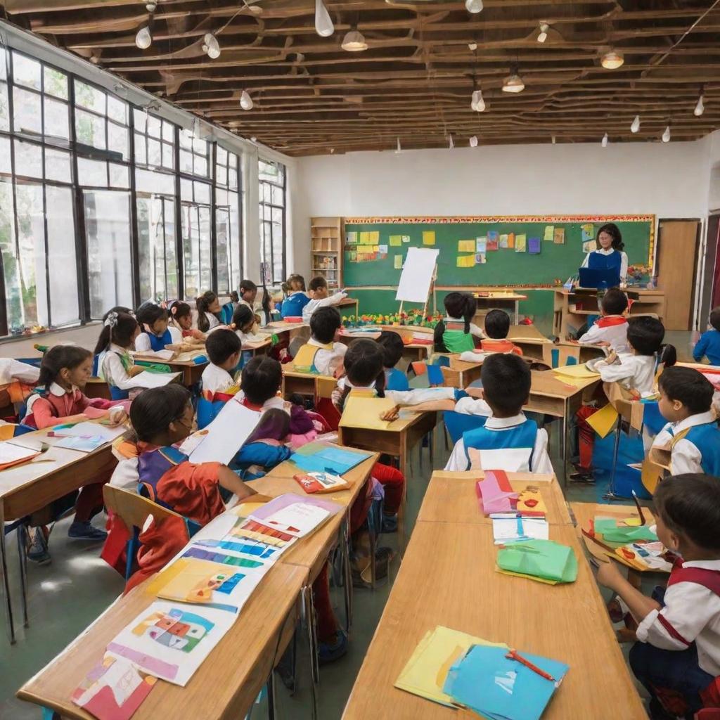  masterpiece, best quality,This is a photo of class. The classroom is a melting intangible cultural heritage classroom. It is spacious and bright with large glass. The velvet works are placed around. There are four large tables in the middle. There are 1/2 people on the tables. The students are holding flower wrapping paper to design a one-piece collar on the platform. It shows that the students are serious and the teacher guides them to give full play to their subjective initiative.