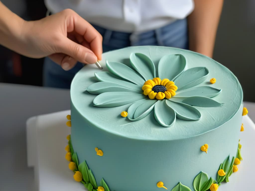  An ultradetailed closeup image of a skilled baker's hands delicately sculpting intricate fondant flowers with precision tools, showcasing the artistry and expertise involved in advanced fondant decoration techniques. The image captures the focus and finesse required for creating stunning cake decorations, highlighting the beauty and complexity of the craft in a minimalistic style that conveys professionalism and inspiration. hyperrealistic, full body, detailed clothing, highly detailed, cinematic lighting, stunningly beautiful, intricate, sharp focus, f/1. 8, 85mm, (centered image composition), (professionally color graded), ((bright soft diffused light)), volumetric fog, trending on instagram, trending on tumblr, HDR 4K, 8K