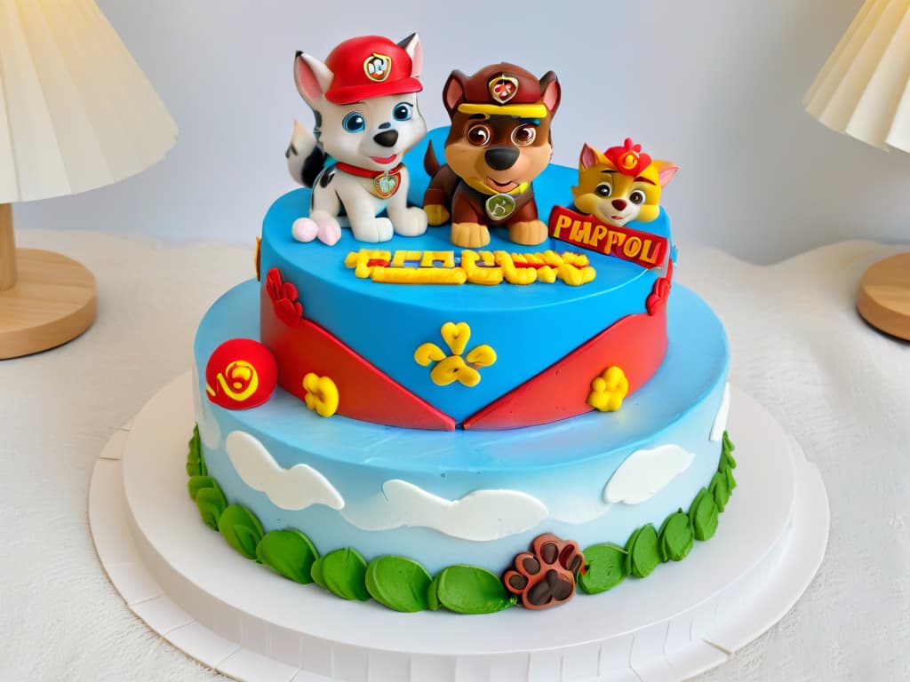  An ultradetailed, 8k resolution image of a beautifully decorated cake featuring a Paw Patrol theme. The cake is meticulously crafted with fondant figurines of Chase, Marshall, Skye, and the rest of the Paw Patrol characters. Each detail, from the Paw Patrol badge to the paw prints bordering the cake, is exquisitely executed. The colors are vibrant and true to the cartoon, making this cake a visually stunning centerpiece for any Paw Patrolthemed party. hyperrealistic, full body, detailed clothing, highly detailed, cinematic lighting, stunningly beautiful, intricate, sharp focus, f/1. 8, 85mm, (centered image composition), (professionally color graded), ((bright soft diffused light)), volumetric fog, trending on instagram, trending on tumblr, HDR 4K, 8K