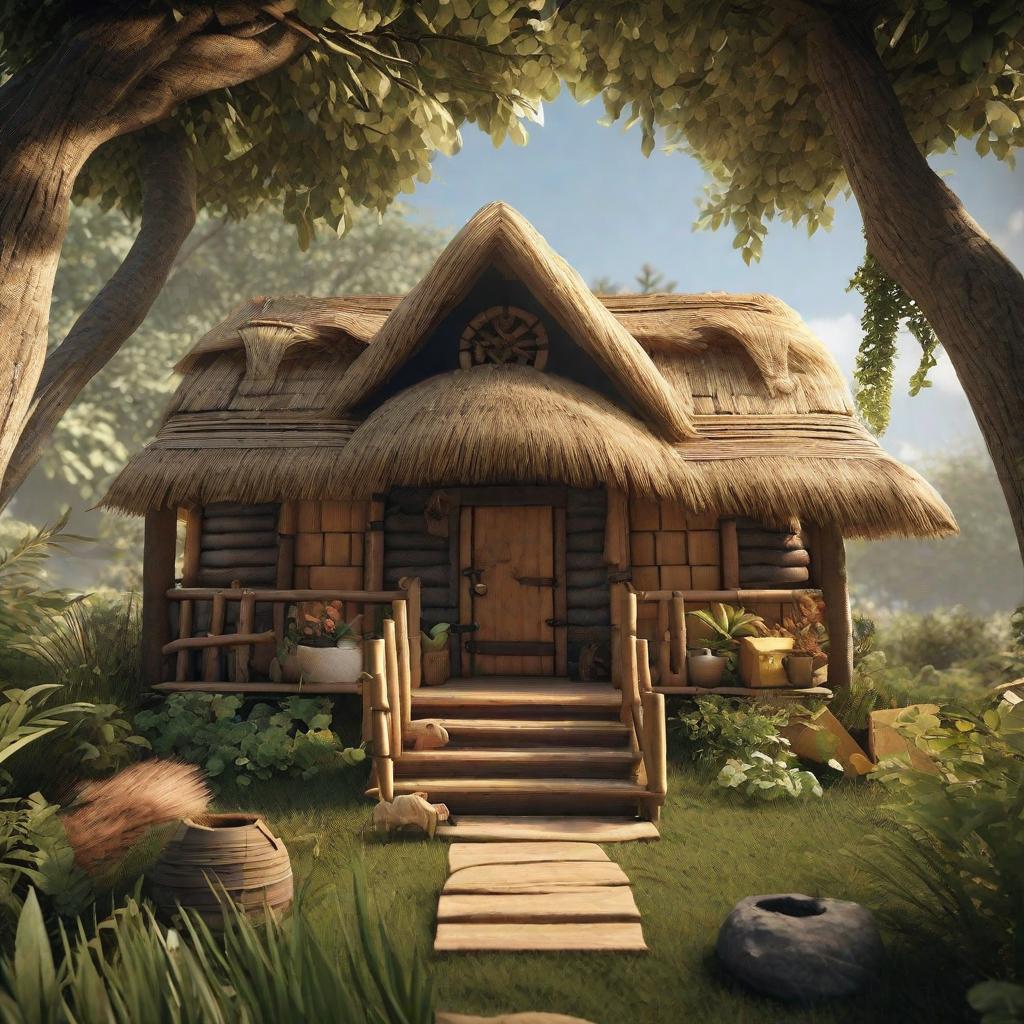  masterpiece, best quality, generates a simple house made of plant materials such as thatch or reed for games