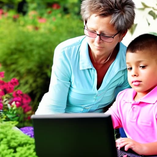  Mom sits working on the computer in the garden. Two boys playing around